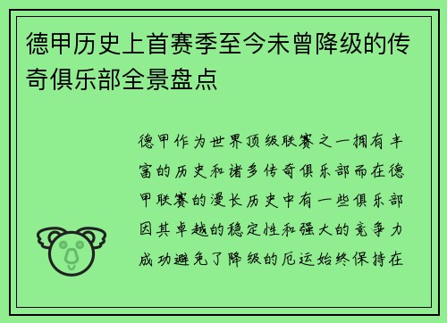德甲历史上首赛季至今未曾降级的传奇俱乐部全景盘点