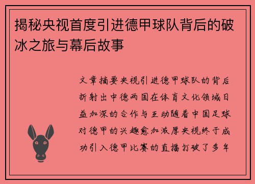 揭秘央视首度引进德甲球队背后的破冰之旅与幕后故事